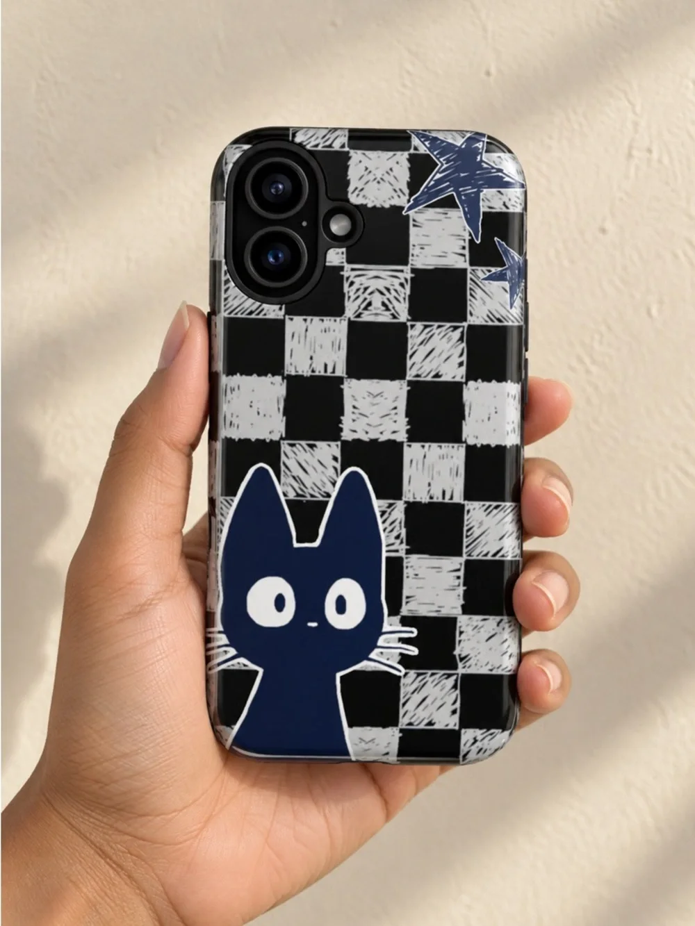 Checkered Peter Cat Tough Phone Case - Navy Cat Design